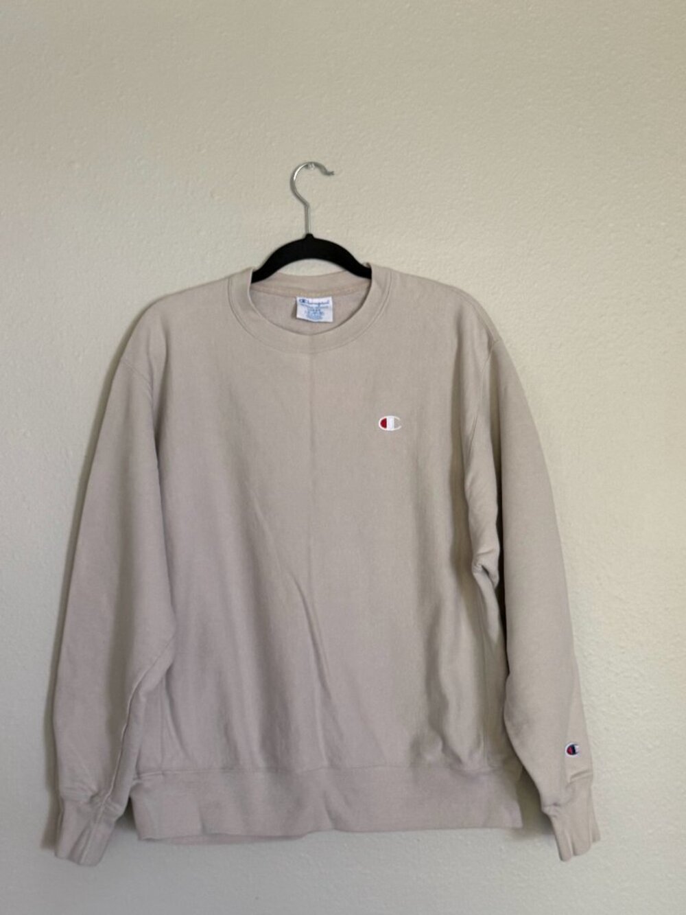 Champion Reverse Weave Hoodie Sweatshirt Large L Oatmeal Beige Tan Cream